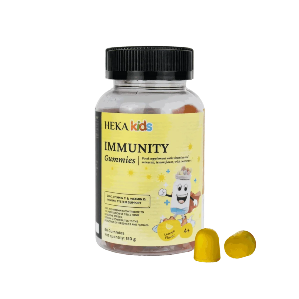 HEKA Immunity Kids Gummies jar with two lemon-flavoured gummies