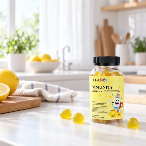 HEKA Immunity Kids Gummies HEKA Immunity Kids Gummies on a kitchen counter with lemons