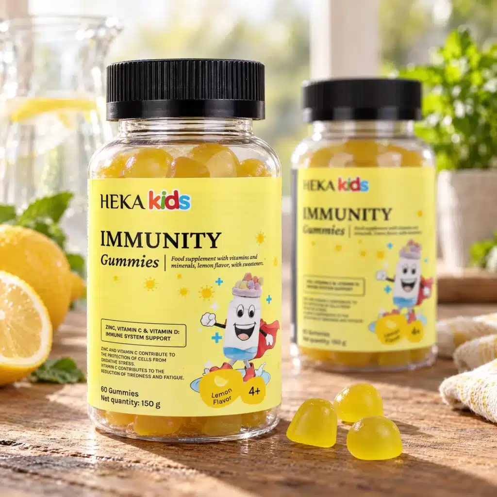 Two jars of HEKA Immunity Kids Gummies on a wooden table with lemons