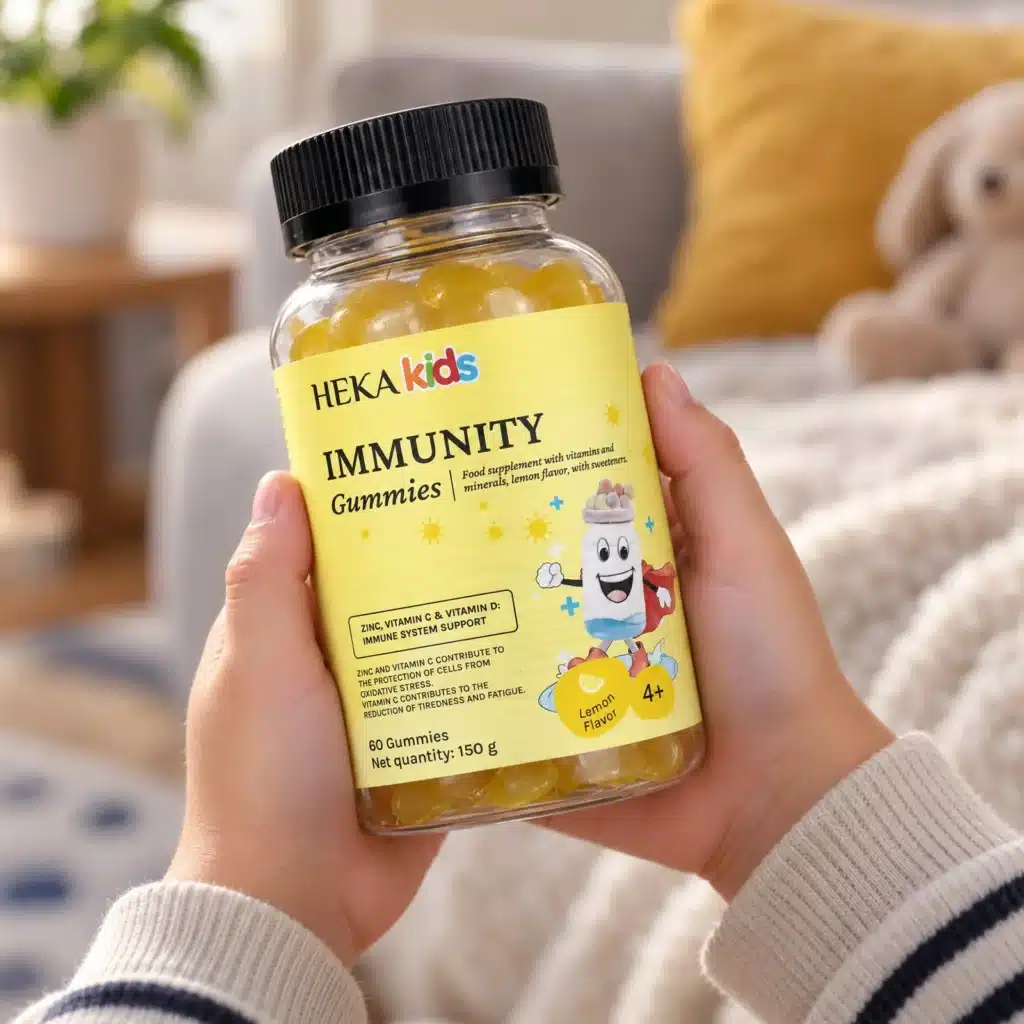 Child holding a jar of HEKA Immunity Kids Gummies