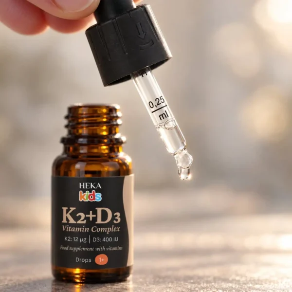HEKA Kids K2+D3 kapljice Steklenička HEKA Kids K2+D3 kapljic s pipeto nad njo