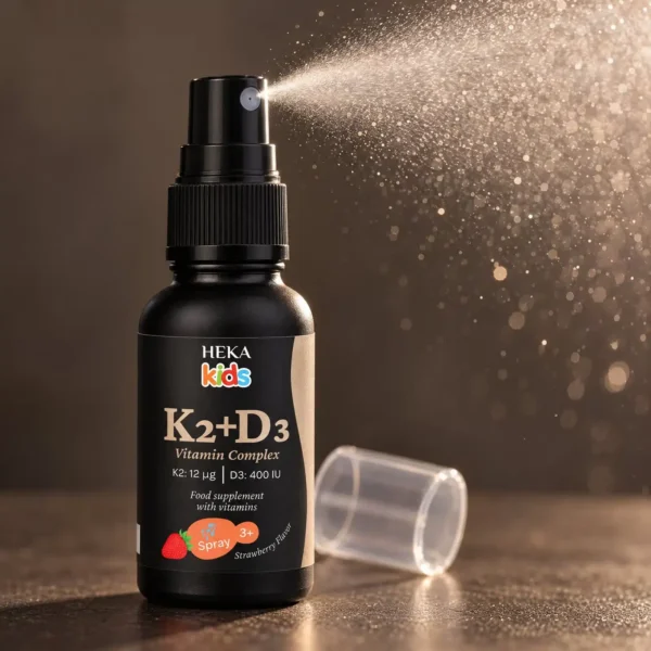HEKA Kids K2+D3 pršilo HEKA Kids K2+D3 pršilo med pršenjem, na temni površini