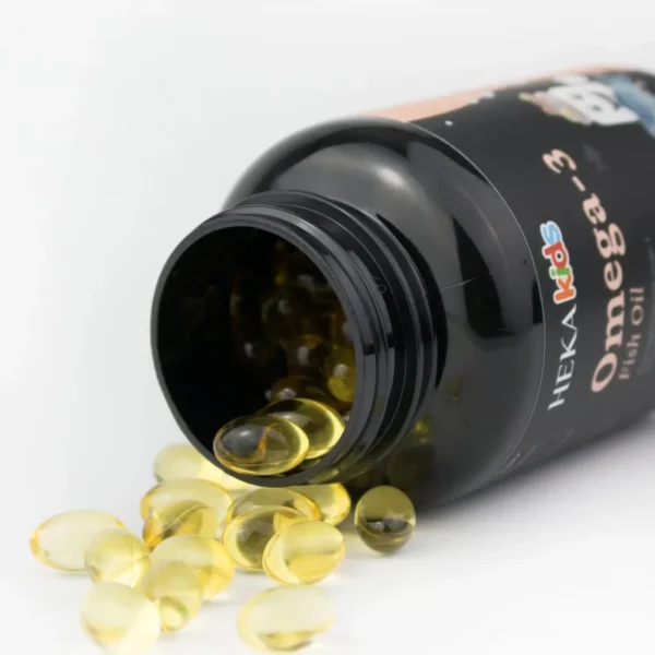 HEKA Kids Omega-3 Fish Oil Softgels HEKA Kids Omega-3 jar with softgels spilling out