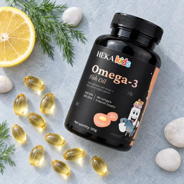 HEKA Kids Omega-3 Fish Oil Softgels HEKA Kids Omega-3 with lemon and softgels on a light surface