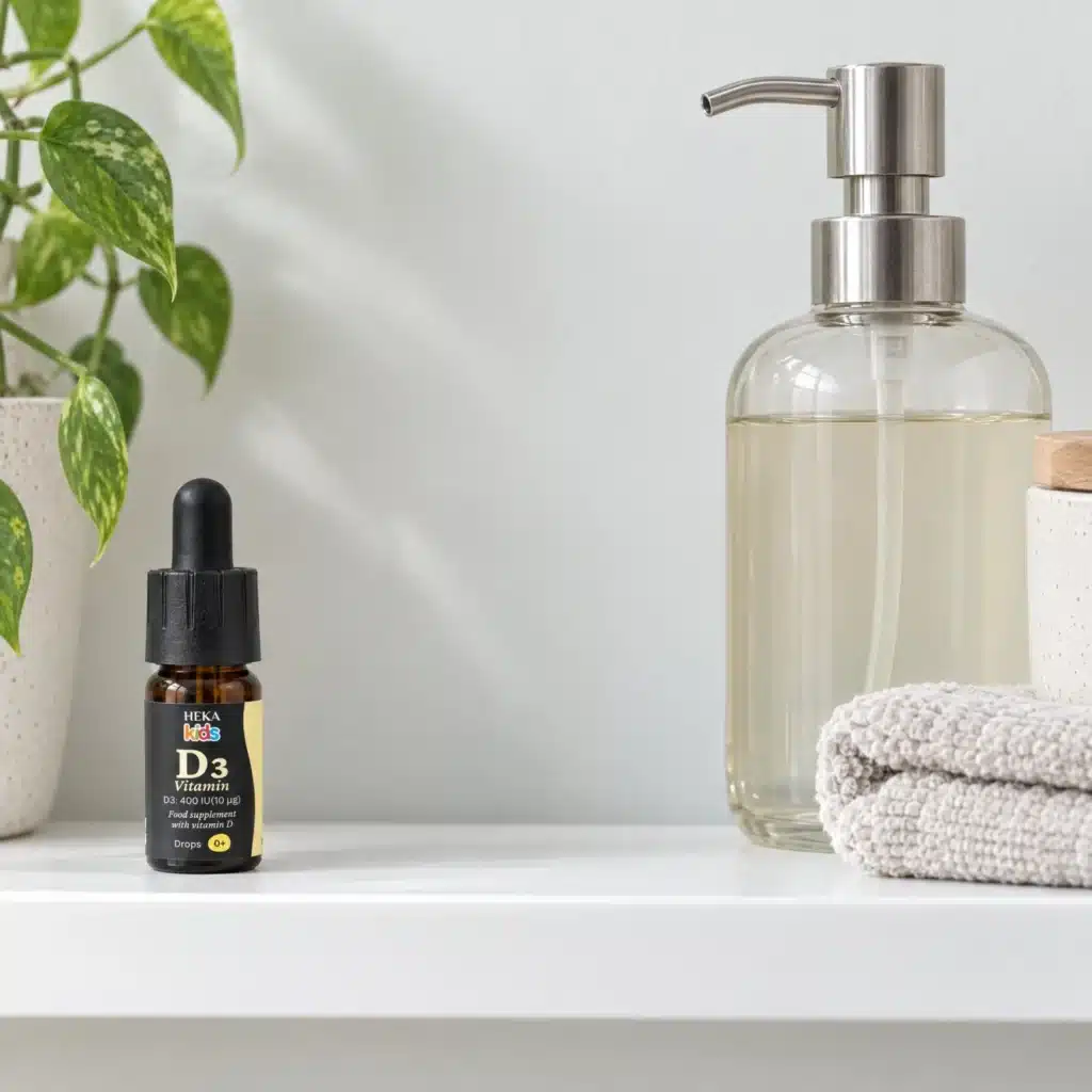 HEKA Kids Vitamin D3 Drops on a bathroom shelf