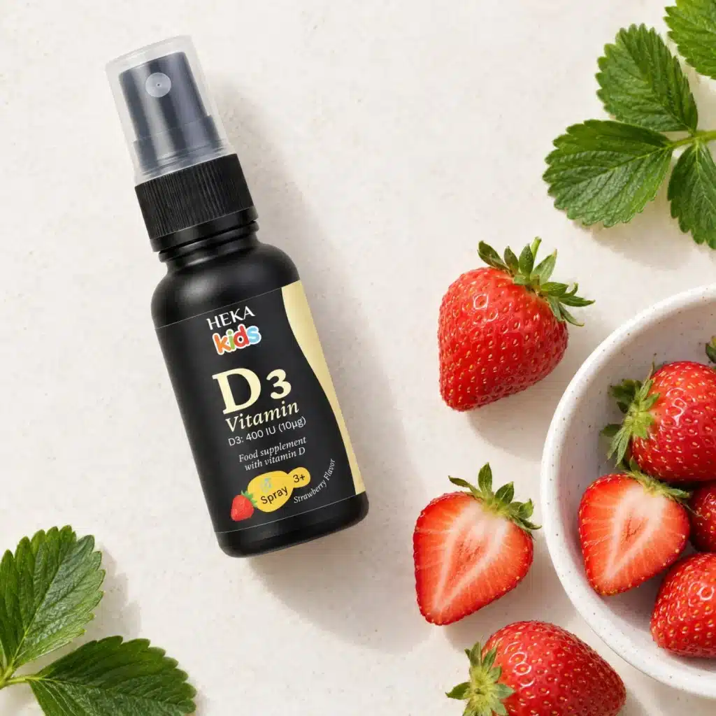 HEKA Kids Vitamin D3 sprej z jagodami na svetli površini