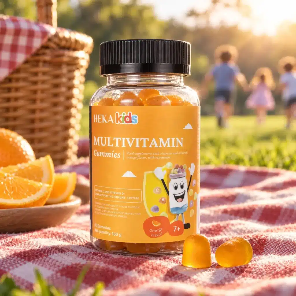 HEKA Multivitamin Kids Gummies on a picnic blanket with children playing outdoors