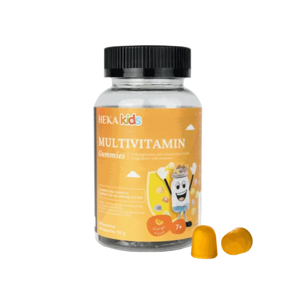 Kozarec HEKA Multivitamin Kids Gummies z gumijastimi bonboni Kozarec HEKA Multivitamin Kids Gummies z oranžnimi gumijastimi bonboni poleg njega