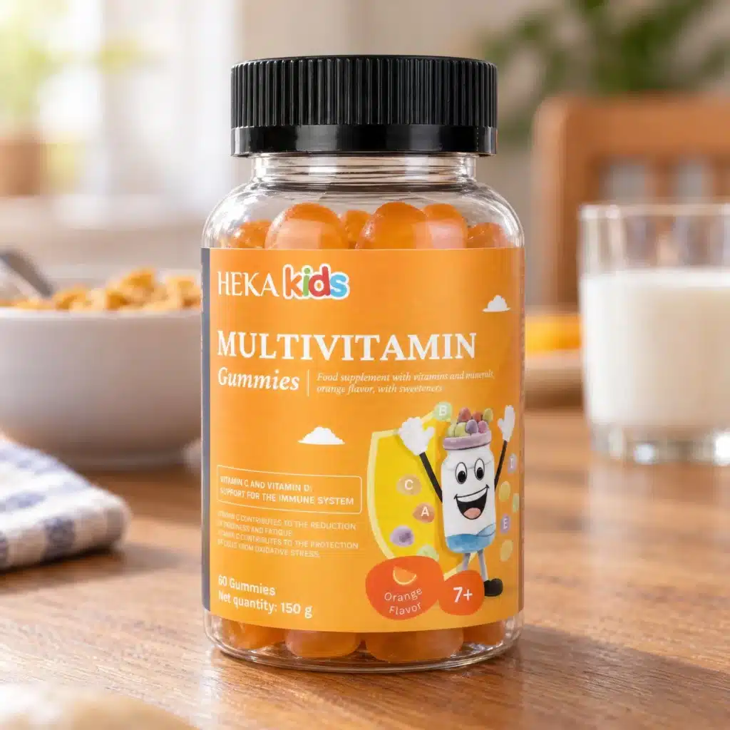 HEKA Multivitamin Kids Gummies on a table with a glass of milk