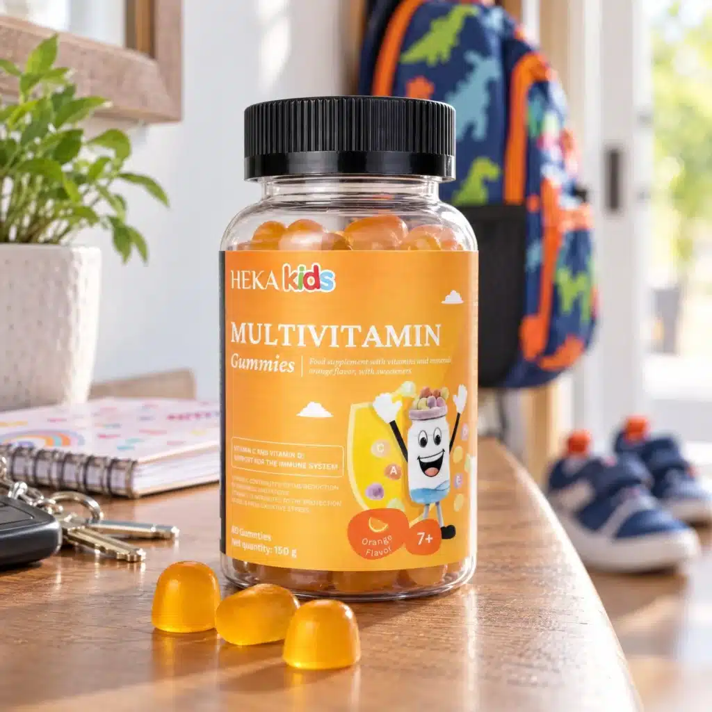 HEKA Multivitamin Kids Gummies on a desk with a school backpack